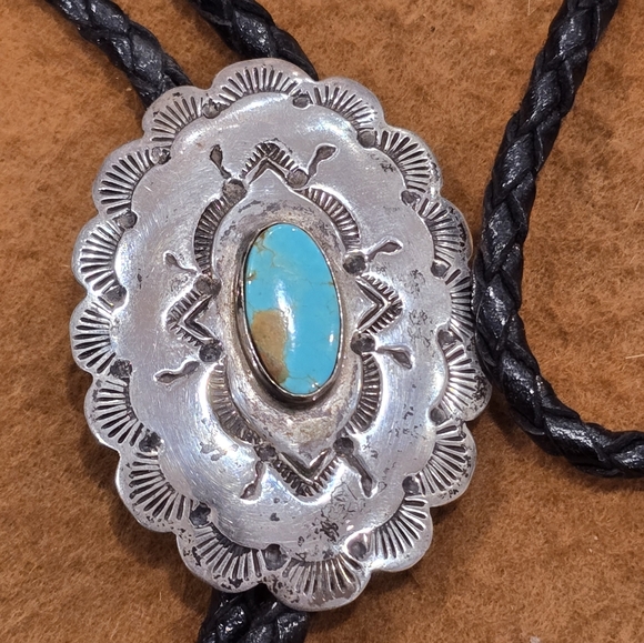 Native American Other - Navajo Sterling Silver Handmade Turquoise Concho Style Bolo Tie "RTL"